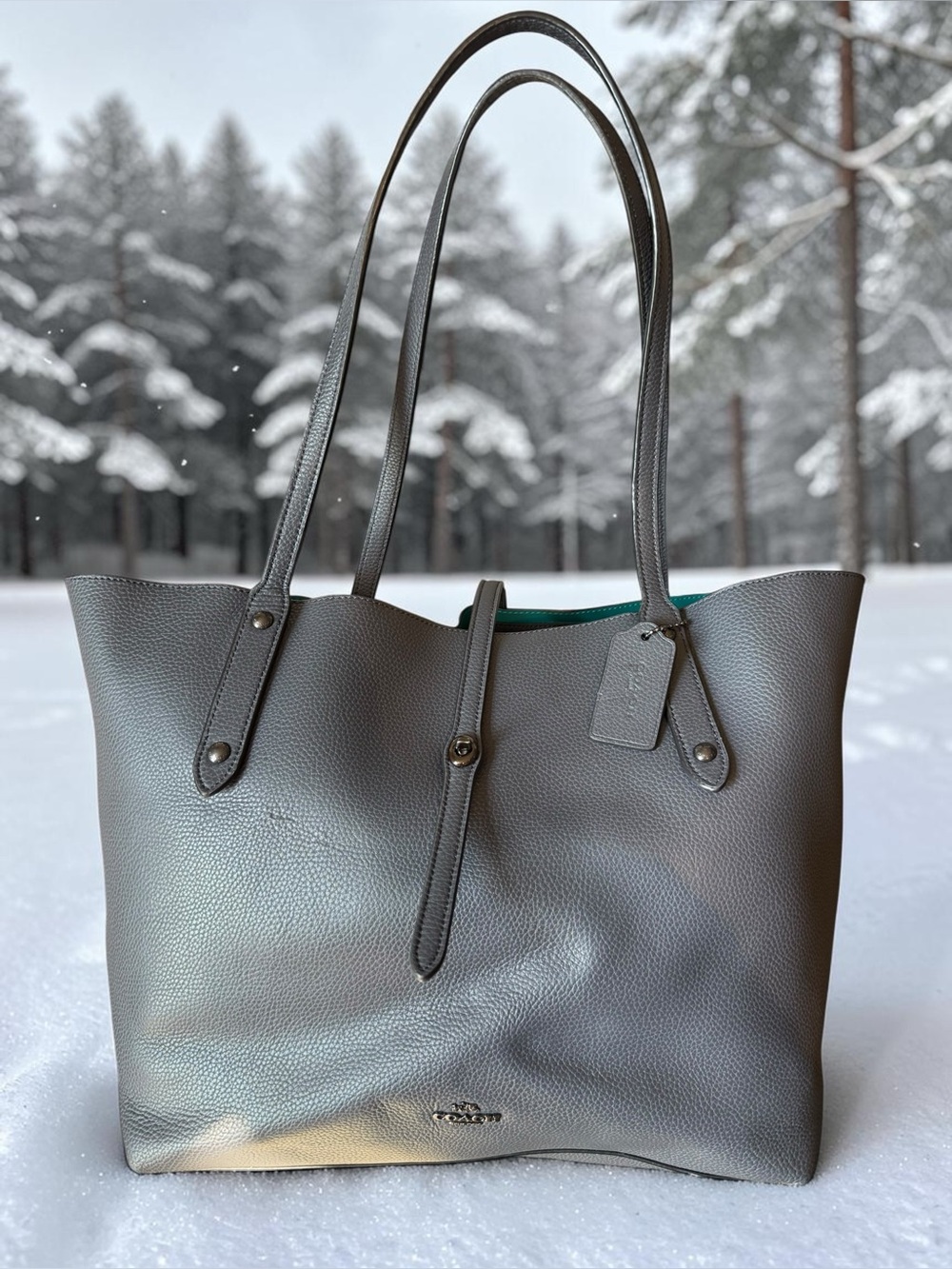 Coach Market Tote Gray Pebble Leather Teal Interior - Picture 4 of 10